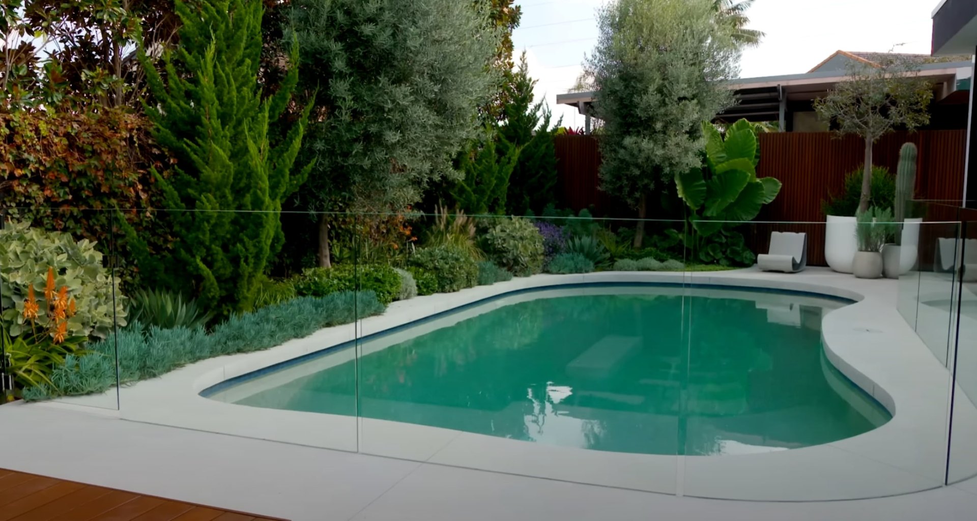 Modern pool area with professional landscaping featuring diverse plantings and clean lines