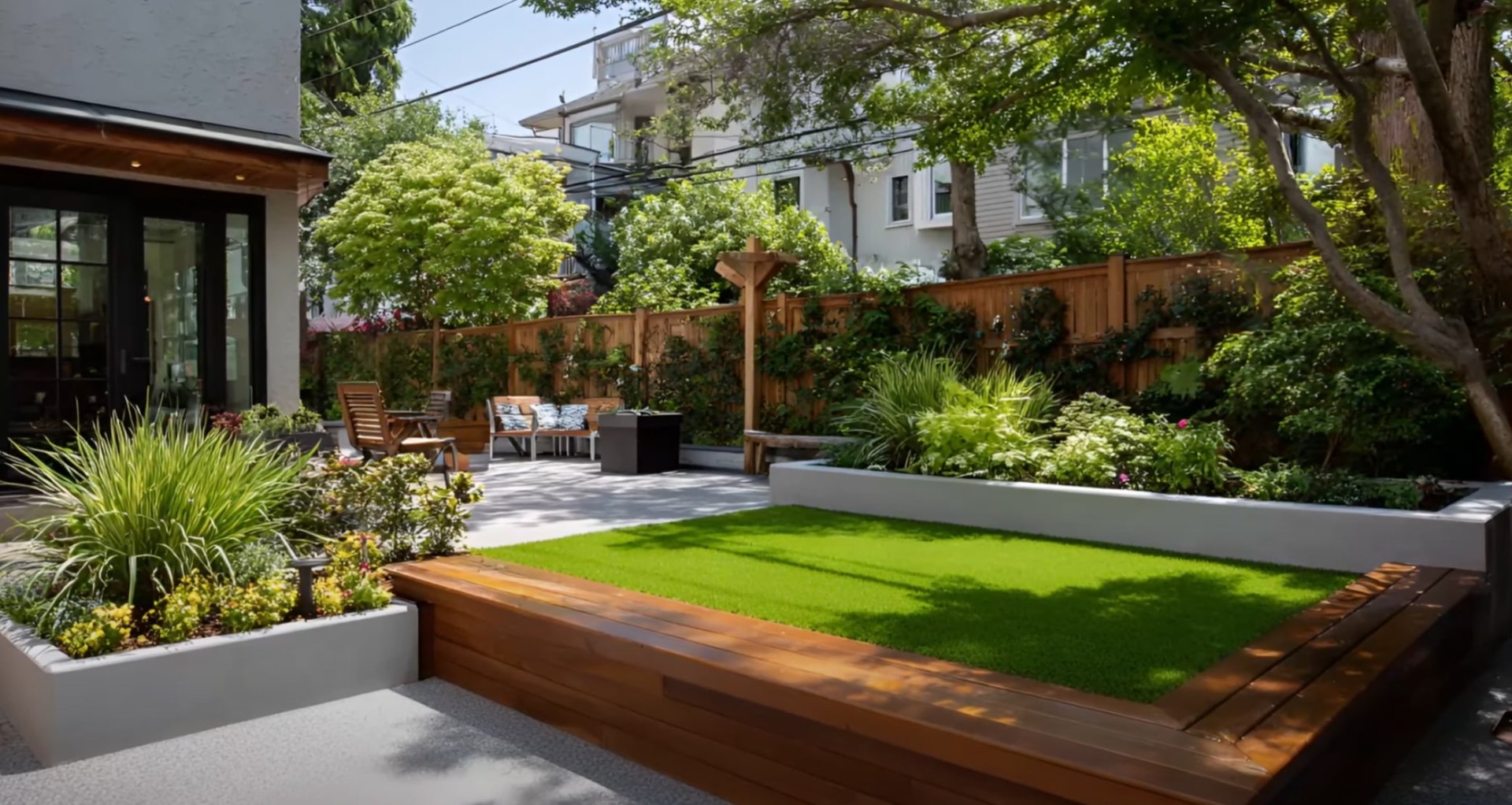 Modern backyard design with raised planters, lawn area, and outdoor living space